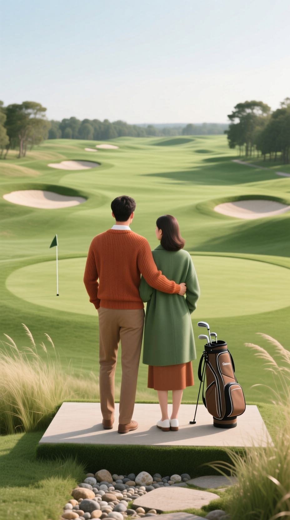 A Couple Viewed From Behind On A Tee Box, Looking Out At The Expansive Golf Course View In Serene Daylight.