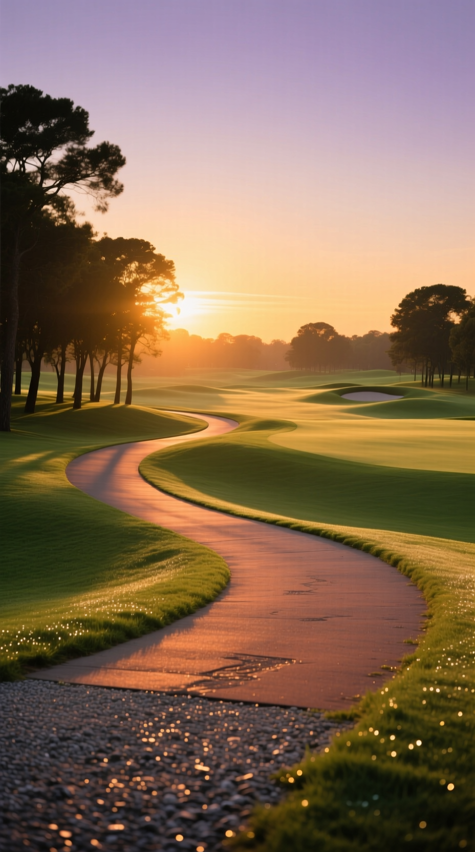 11 Golf Sunset Aesthetic Ideas For Breathtaking Photos A Curving Golf Cart Path Creates A Leading Line Through A Lush Fairway Toward A Warm, Glowing Sunset On The Horizon.
