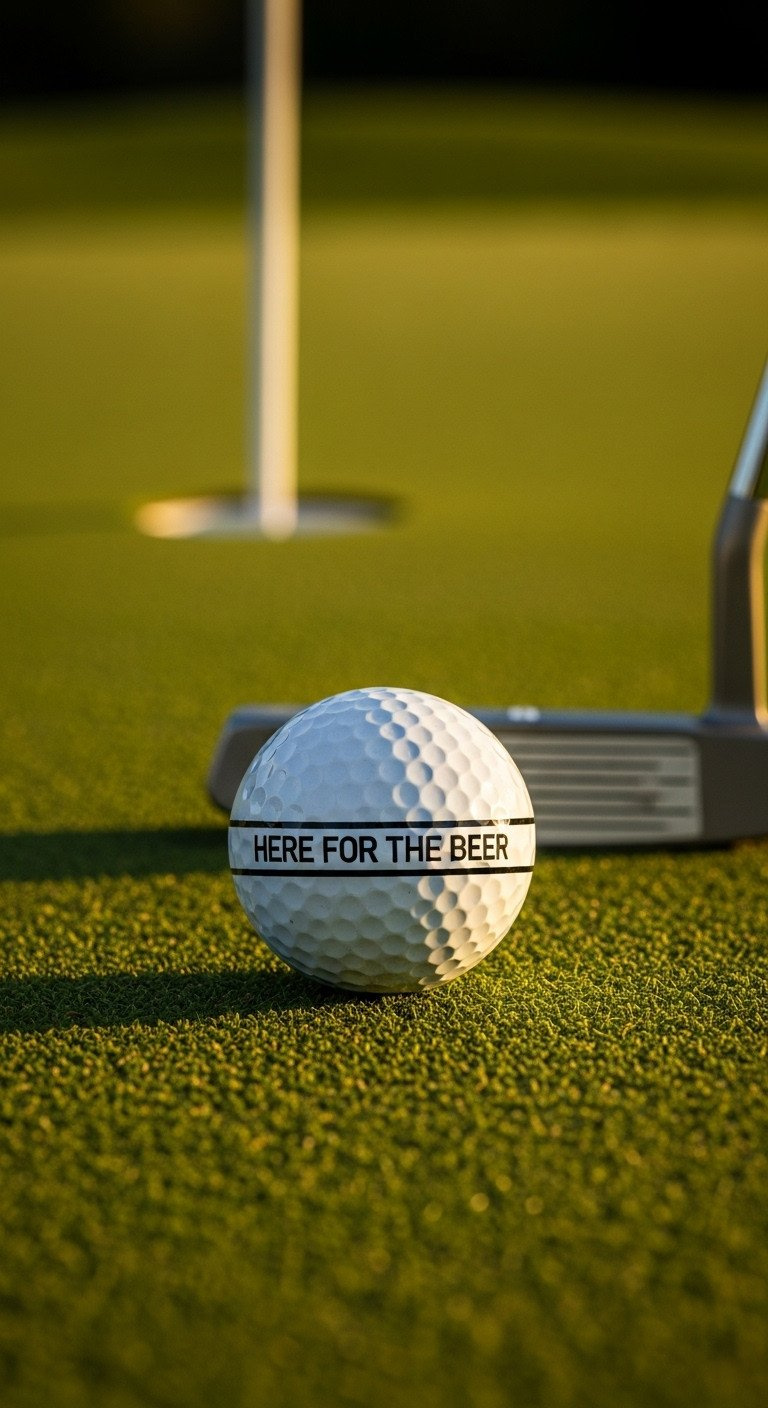9 Brilliant Sharpie Golf Ball Designs That Will Never Smear A Custom Golf Ball On A Putting Green With A Black Alignment Line That Reads 'Here For The Beer' In The Center.