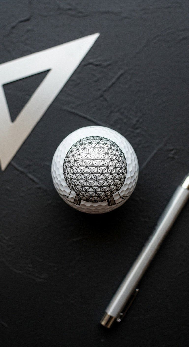 A Custom Golf Ball With The Epcot Spaceship Earth Geometric Pattern In Silver Ink, A Futuristic Disney Diy Project Idea.