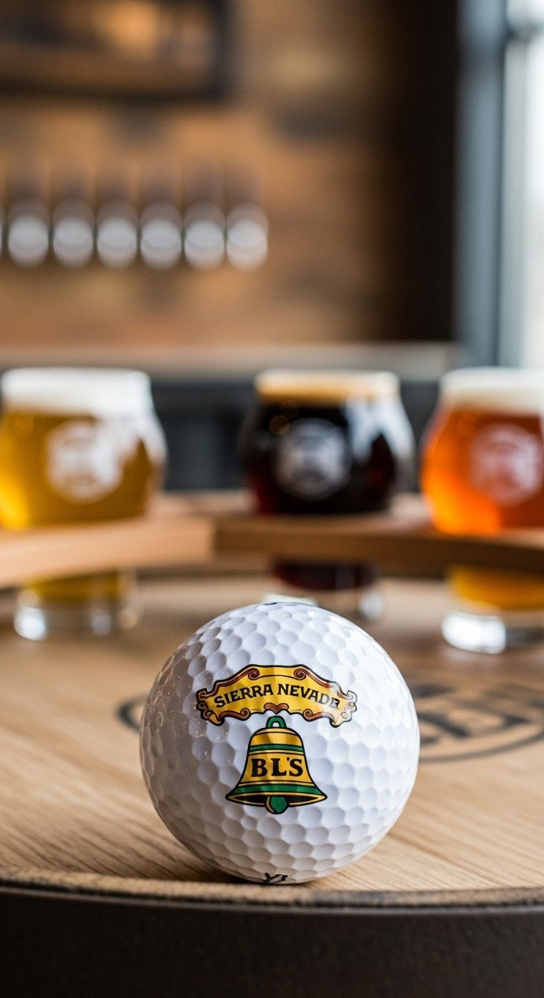 9 Brilliant Sharpie Golf Ball Designs That Will Never Smear A Custom White Golf Ball Featuring A Craft Brewery Logo, Sitting On A Wooden Barrel In A Brewery Taproom Setting.