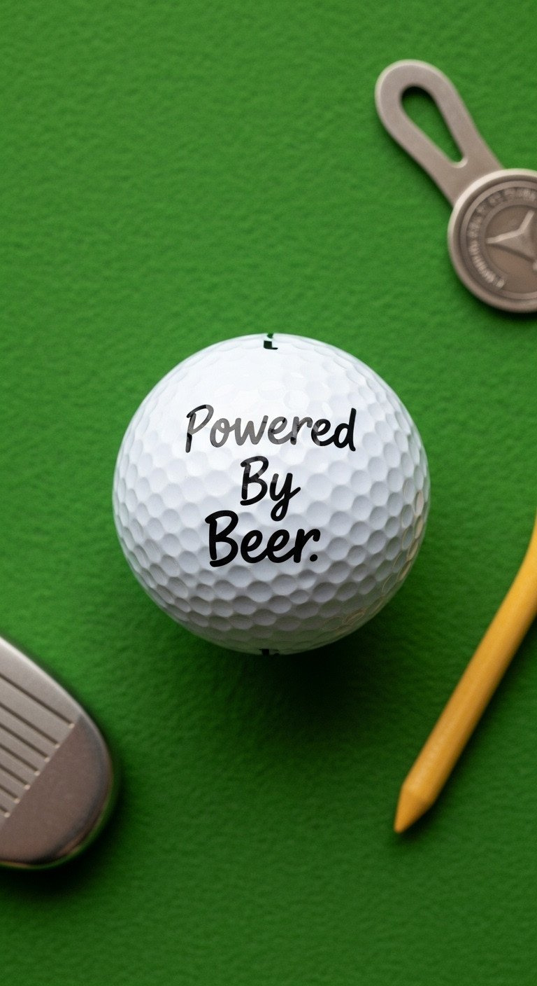 9 Brilliant Sharpie Golf Ball Designs That Will Never Smear A Custom White Golf Ball With The Funny Phrase 'Powered By Beer' In Black Text, On A Green Felt Putting Surface.