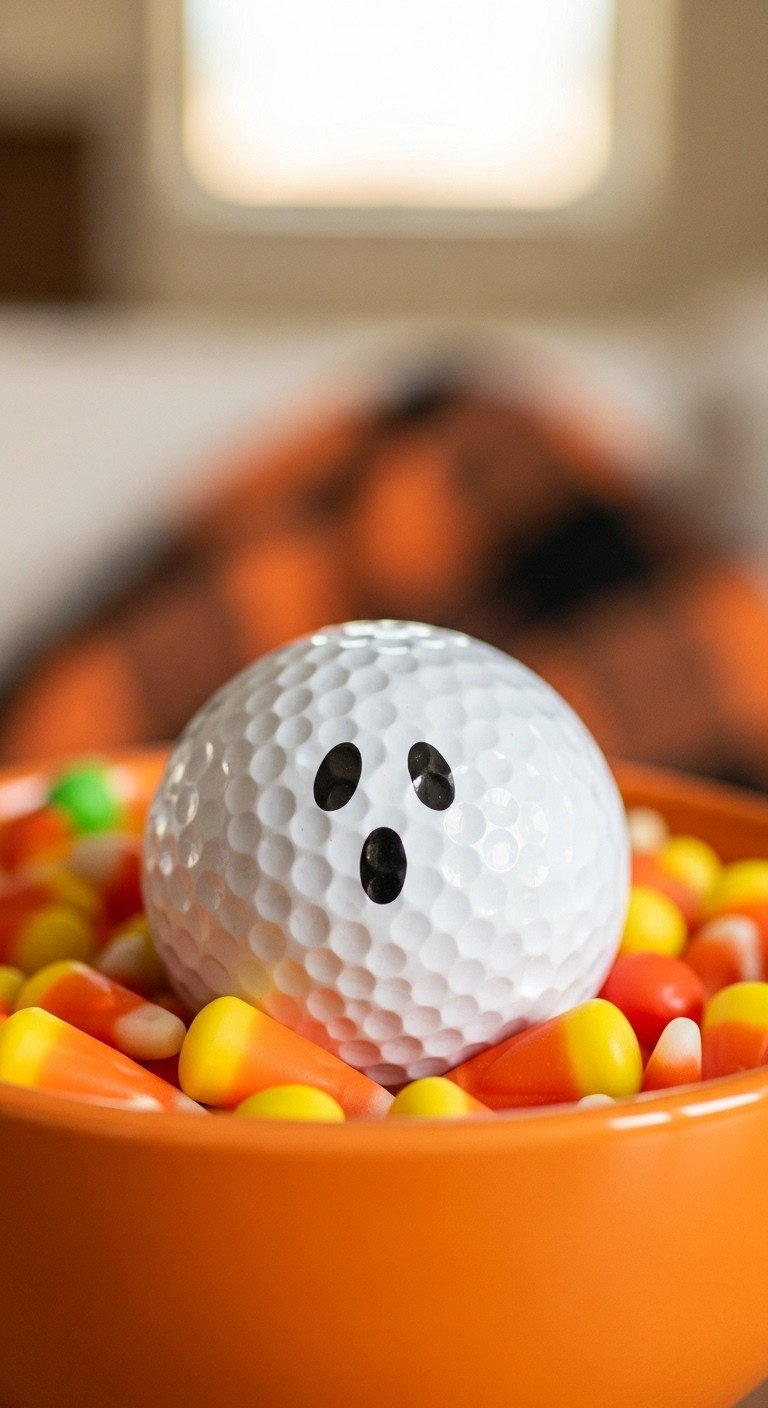 A Cute Diy Ghost Golf Ball With A Simple Black Painted Face, Nestled In A Bowl Of Candy Corn For Fun Halloween Decor.