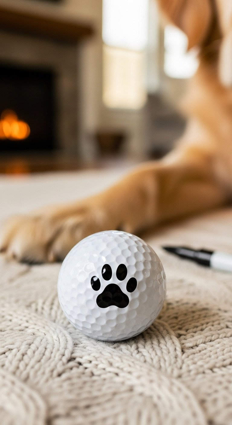 A Cute Black Paw Print Doodle On A White Golf Ball, Sitting On A Cozy Knit Blanket With A Golden Retriever'S Paw Nearby.