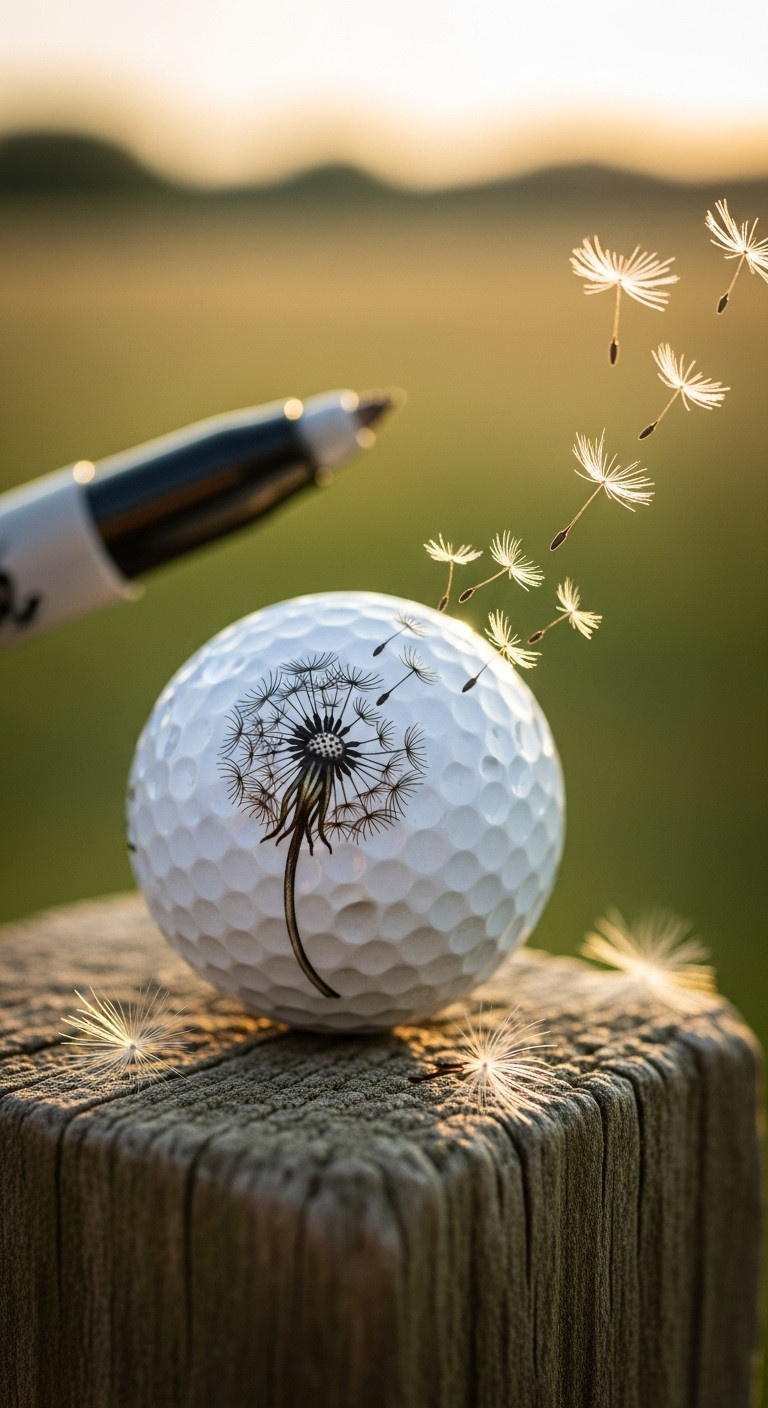 A Delicate Drawing Of A Dandelion With Seeds Blowing In The Wind On A White Golf Ball, Resting On A Fence Post At Sunset.