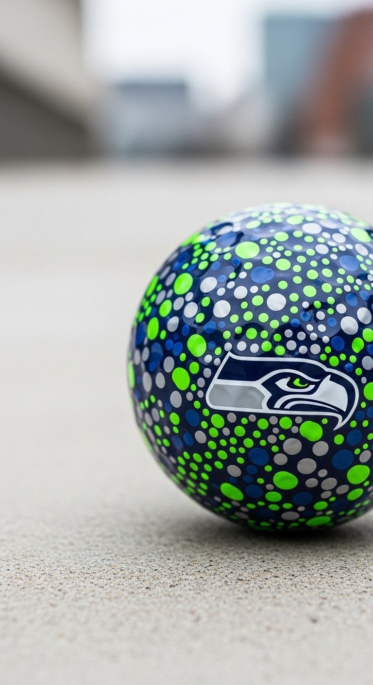 A Golf Ball Decorated With An Abstract Pattern Of Navy Dots And Lime Green Dashes, Inspired By Seattle Seahawks Colors.