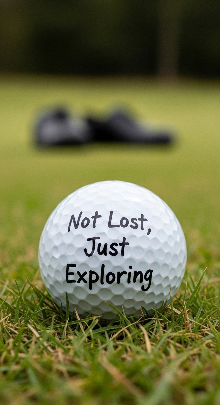A Golf Ball In The Rough With The Funny Handwritten Phrase 'Not Lost, Just Exploring' In Black Ink; A Humorous Golf Gift.