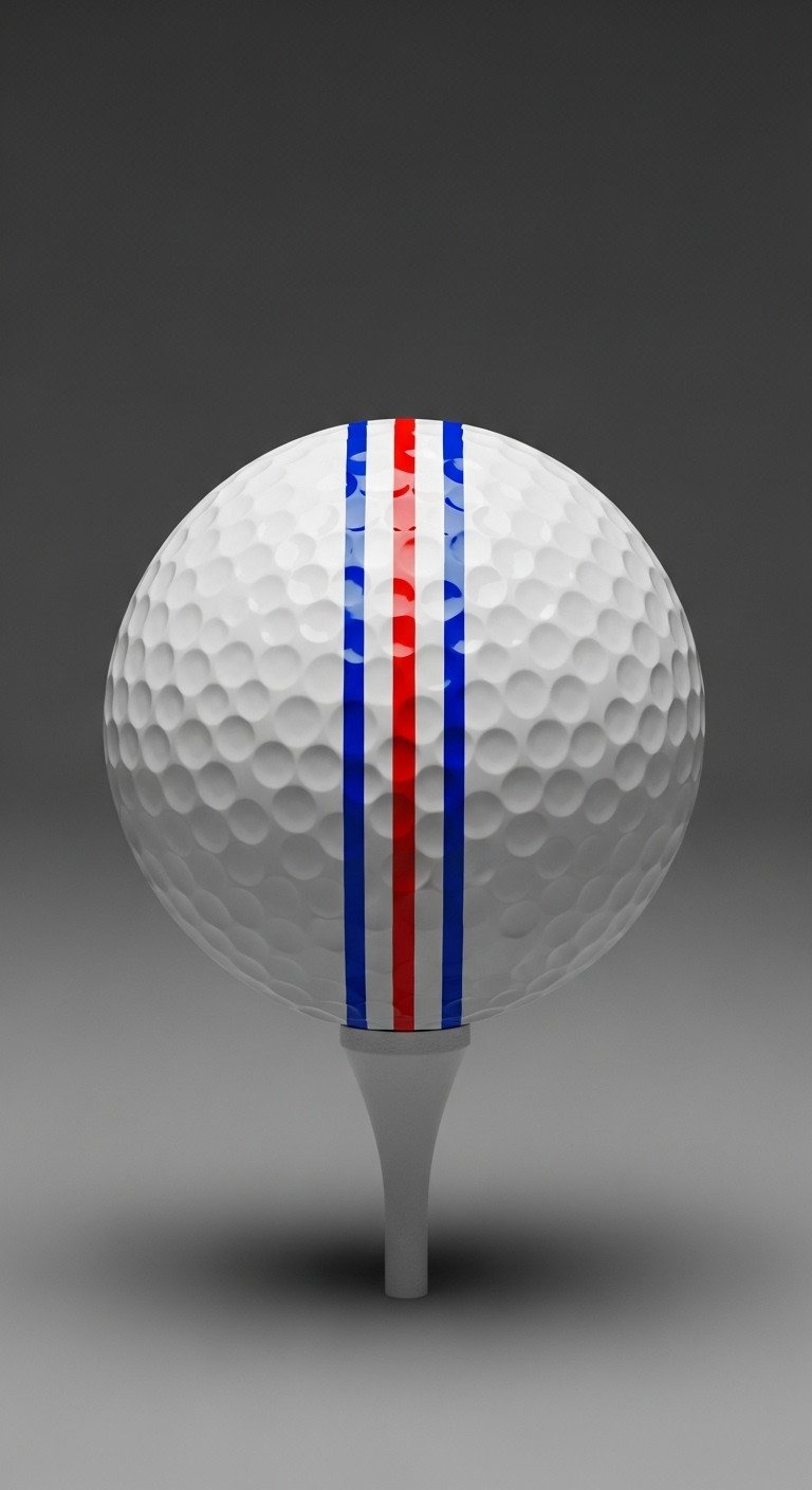 13 Cool Sharpie Golf Ball Designs With Step By Step Tips A Golf Ball On A Tee With A Custom Putting Aid Of One Thick Red And Two Thin Blue Parallel Lines For Alignment.