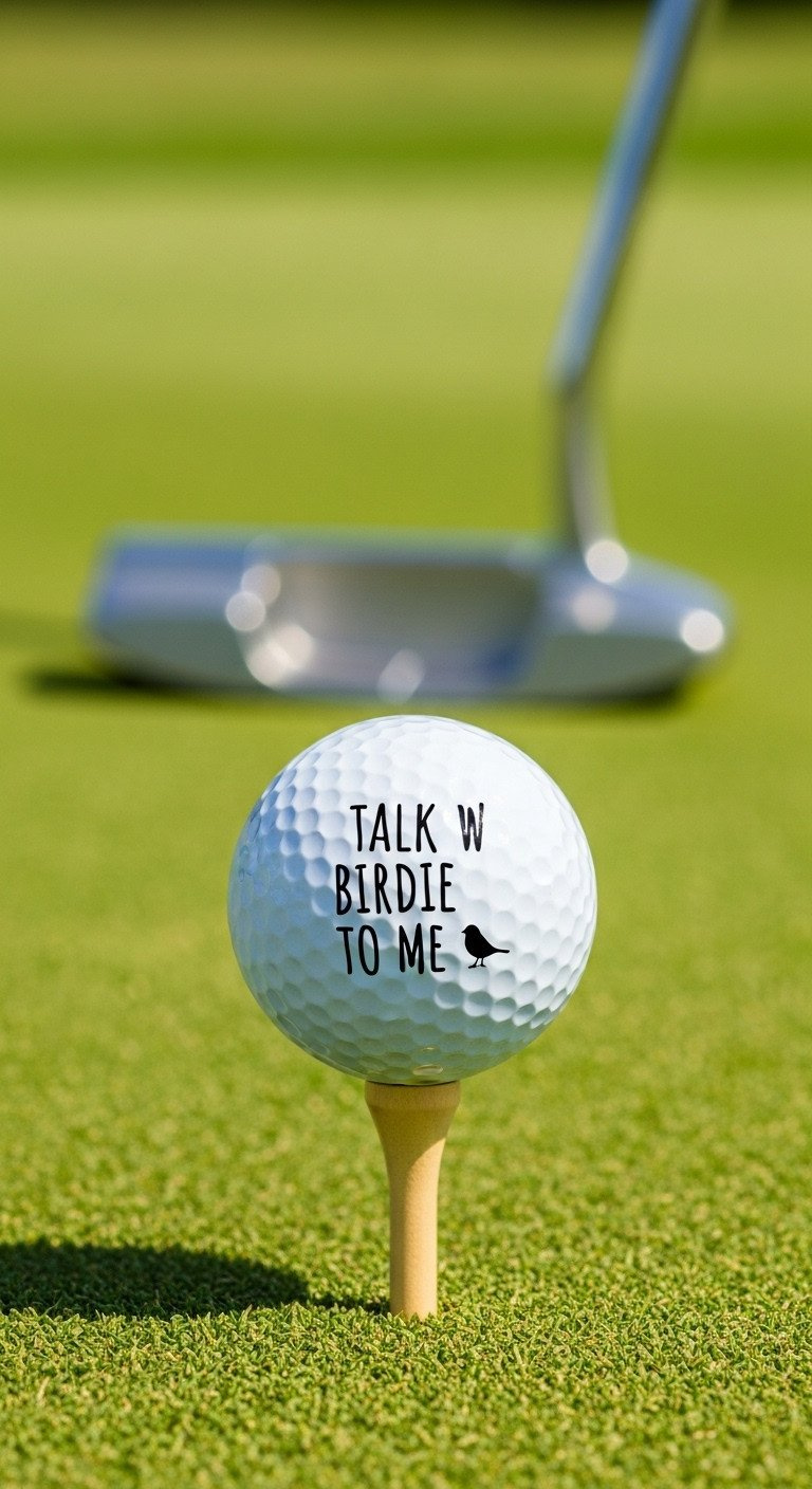 A Golf Ball On A Tee With The Funny Pun 'Talk Birdie To Me' And A Bird Icon, On A Bright Green Putting Green With A Putter.