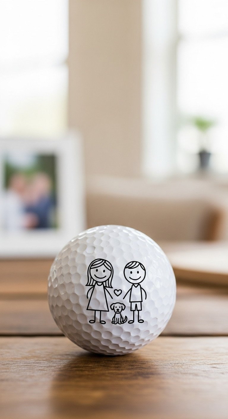 A Golf Ball With A Custom Stick-Figure Family And Dog Portrait, A Heartwarming Diy Gift Idea On A Rustic Wood Surface.