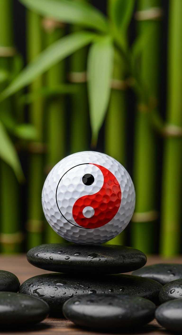 11 Simple Sharpie Golf Ball Designs You Can Actually Draw A Golf Ball With A Minimalist Yin-Yang Design Of One Black And One Red Dot, Resting On Stacked Stones In A Zen Garden.