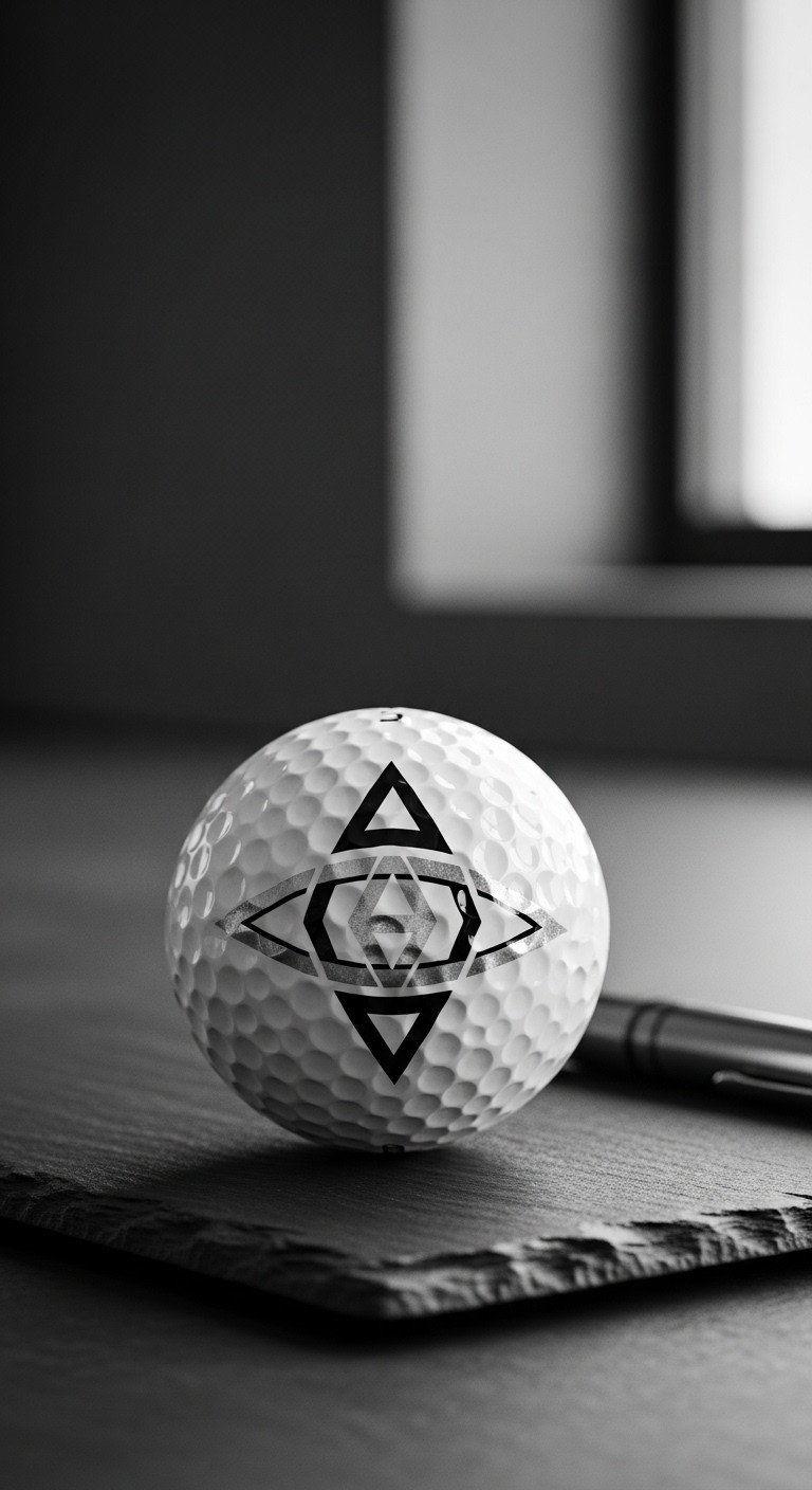 11 Brilliant Sharpie Golf Ball Designs That Actually Last A Golf Ball With A Modern Black And Metallic Silver Geometric Pattern, Sitting On A Dark Slate Surface With A Pen.
