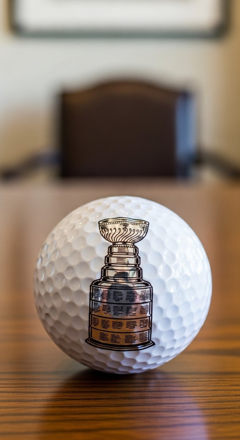 7 Genius Hockey Sharpie Ideas For Your Golf Balls A Golf Ball With A Shiny Silver Sharpie Drawing Of The Stanley Cup Trophy, Resting On A Polished Dark Wood Surface.