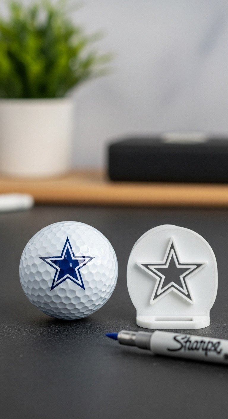 A Golf Ball With A Stenciled Navy Blue Cowboys Star Logo Sits On A Slate Desk Next To The 3D Printed Stencil Tool.