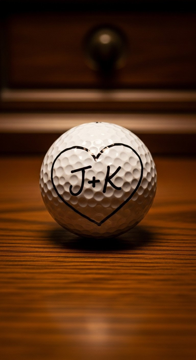 13 Easy Sharpie Heart Golf Ball Ideas With Pro Sealing Tips A Golf Ball With Initials 'J+K' In A Black Heart, Evoking A Tree Carving, On A Dark Antique Wood Desk With Warm Lamplight.
