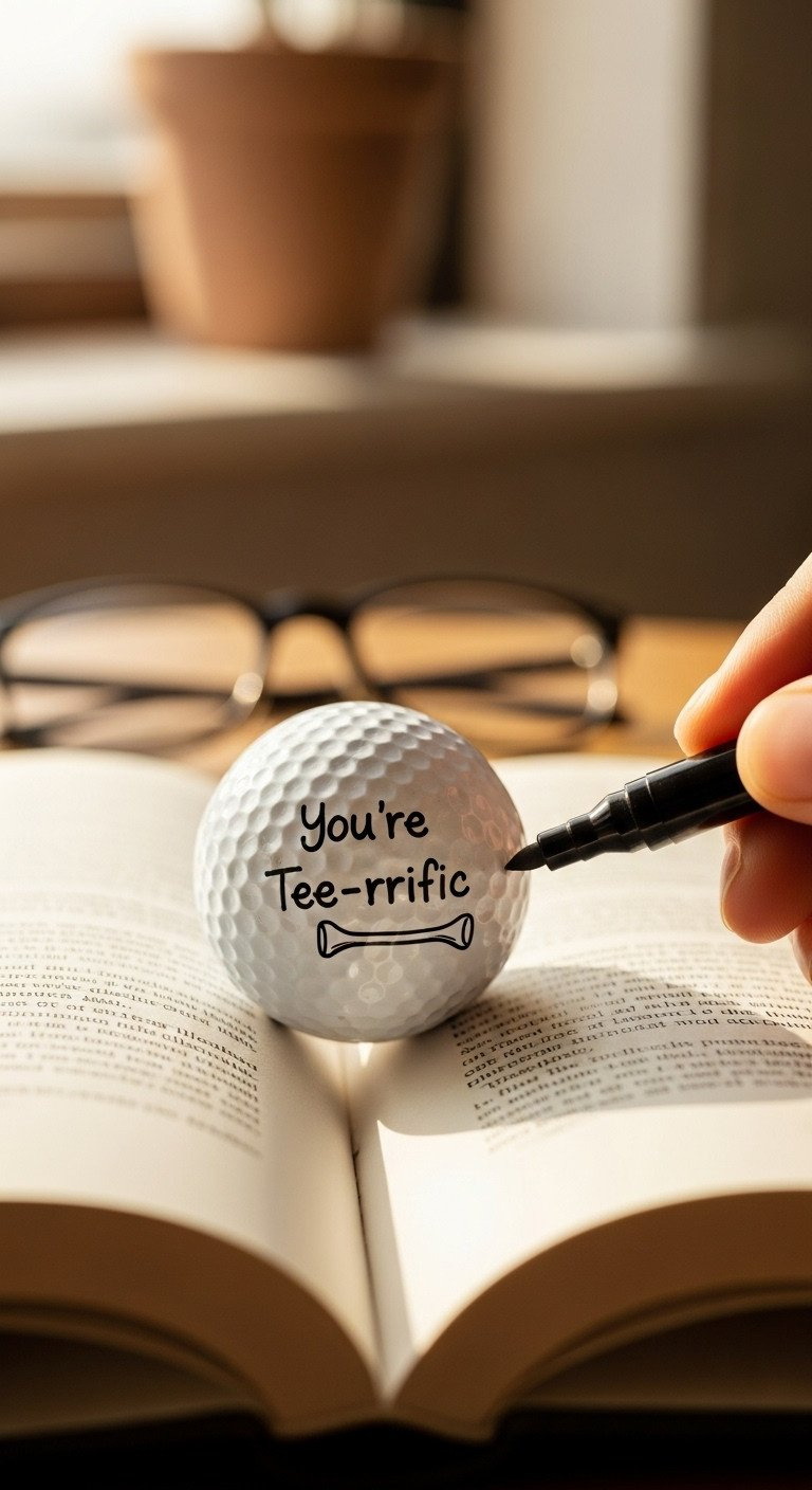 A Golf Ball With The Handwritten Pun 'You'Re Tee-Rrific' In Black Marker, Resting On An Open Book In A Cozy Office.