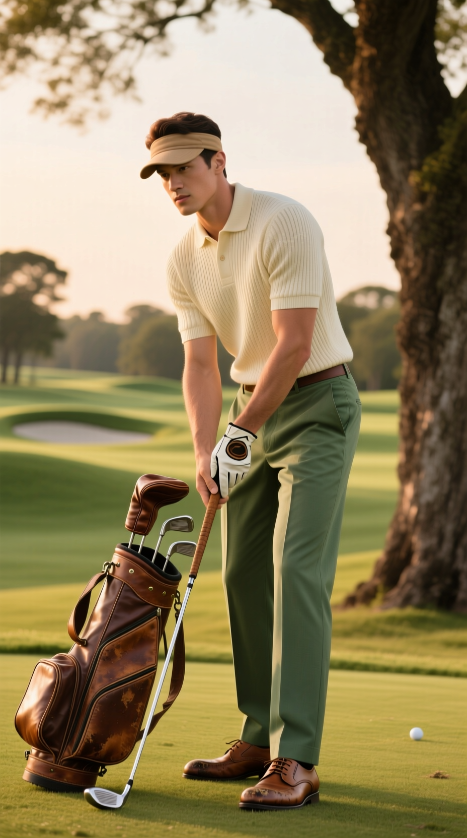 A Golfer In A Vintage-Inspired Knit Polo And Pleated Trousers Pulls A Club From A Leather Bag On A Classic Course.