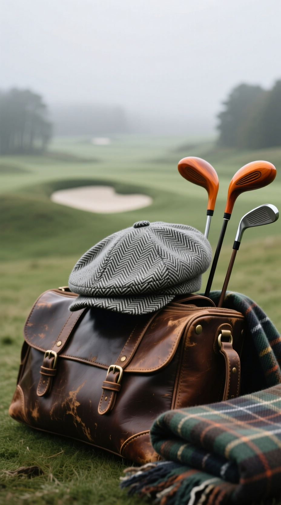 The Vintage Golf Aesthetic A Guide To Mastering The Look A Grey Herringbone Tweed Flat Cap Resting On A Vintage Leather Golf Bag With A Misty Scottish Golf Links In The Background.
