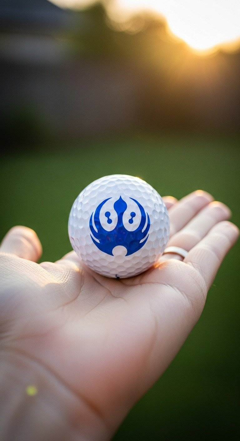 9 Genius Star Wars Golf Ball Designs That Will Not Smudge A Hand Holds A White Golf Ball With A Blue Jedi Order Symbol Drawn On It, Shown In A Sunlit Garden At Golden Hour.