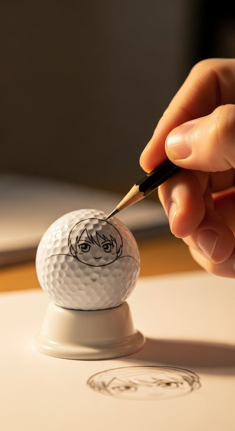 A Hand Uses A Graphite Pencil To Sketch A Simple Chibi Anime Face Onto A White Golf Ball Held Steady In A White Egg Cup.