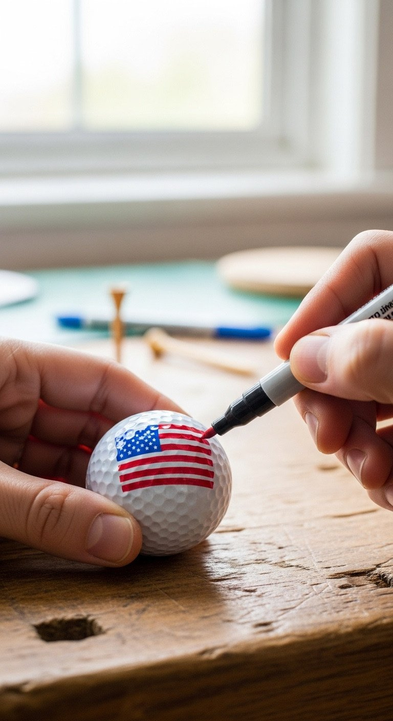 5 Genius Ways To Create American Flag Golf Ball Designs A Hand Uses A Red Ultra-Fine Sharpie To Draw The Final Stripe Of An American Flag On A White Golf Ball On A Workbench.