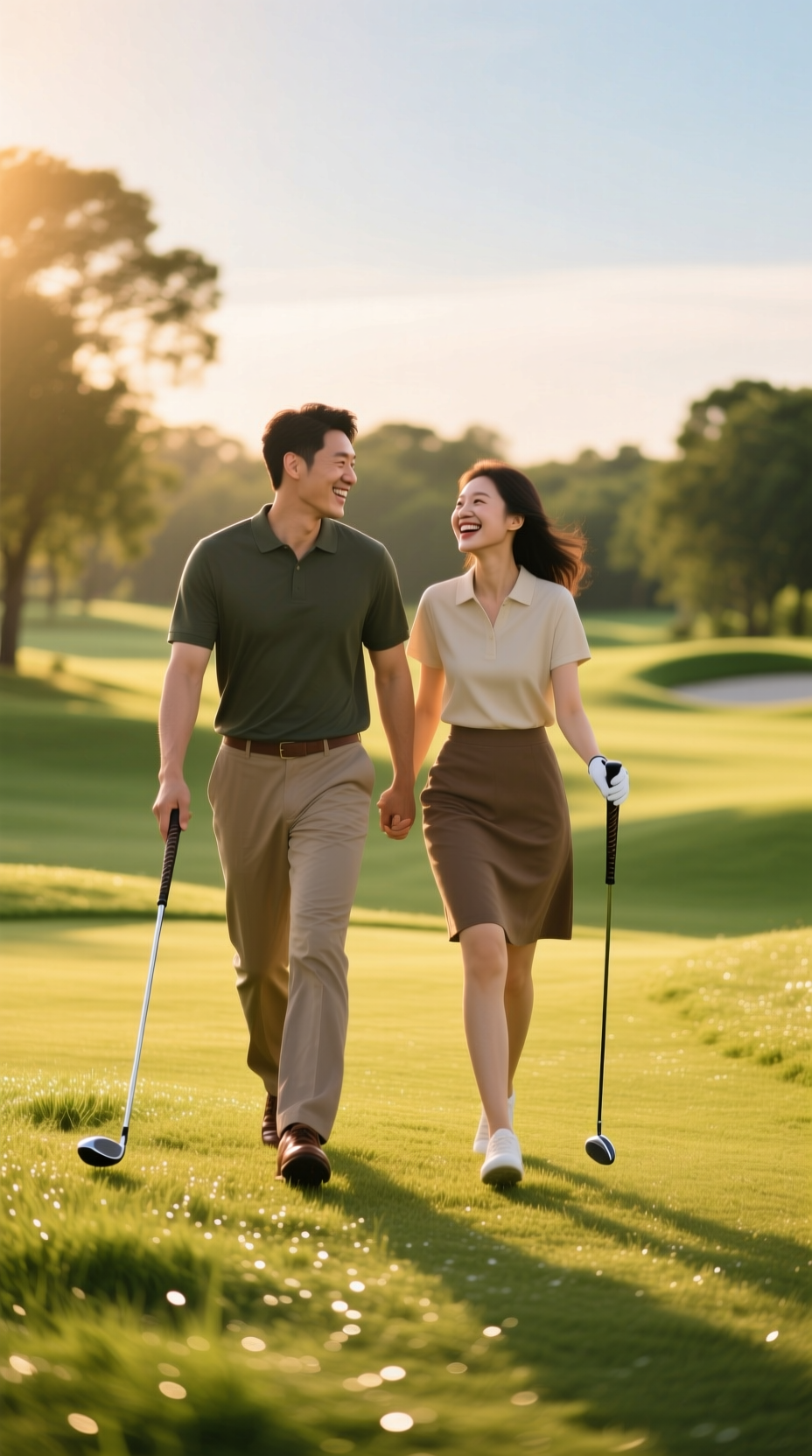 A Happy Couple Laughs While Walking Down A Lush Green Golf Fairway, Carrying Clubs Together During A Warm Golden Hour.