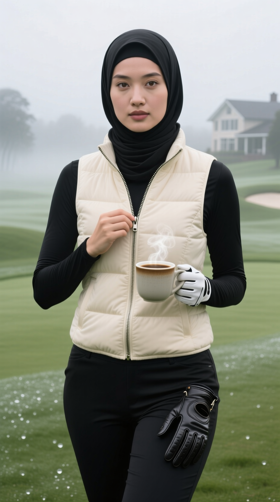 A Hijabi Golfer On A Misty Morning Layers Up In A Cream Padded Vest Over A Black Top And Pants With A Black Sports Hijab.