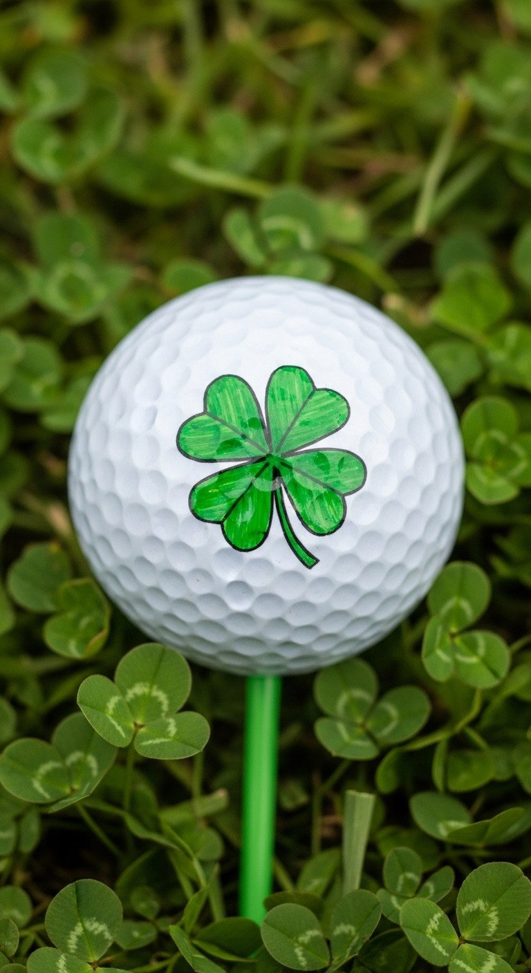 A Lucky, Hand-Drawn Green Four-Leaf Clover On A White Golf Ball, A Perfect Diy Gift For St. Patrick'S Day Golf.