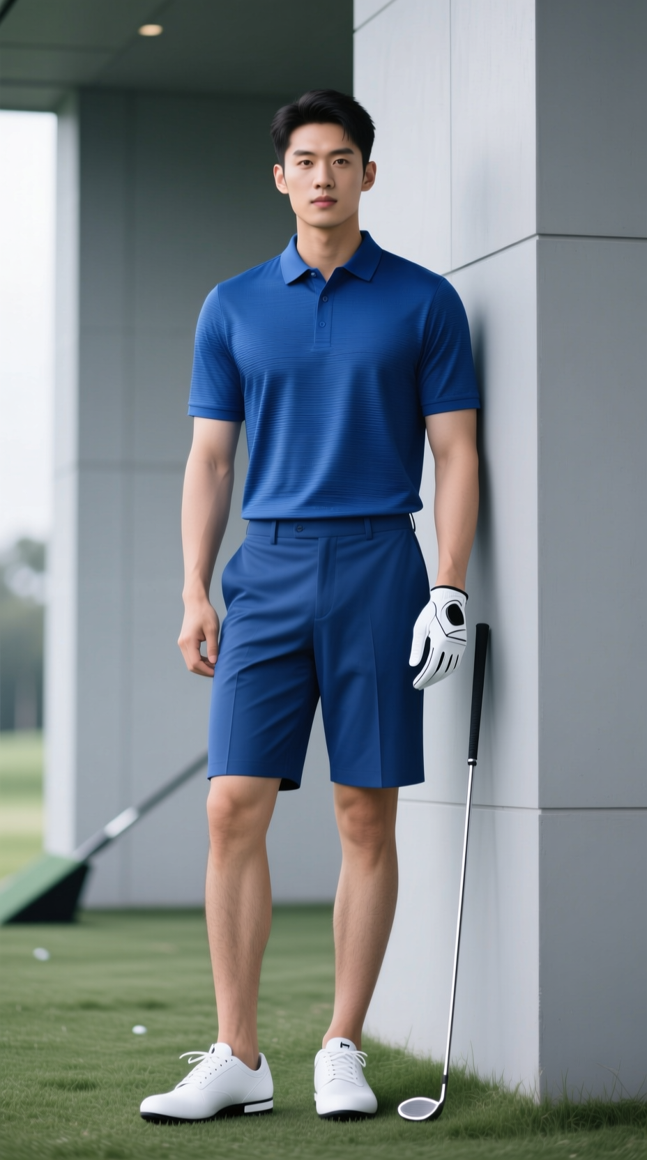 A Man In A Bold Monochromatic Golf Outfit, Featuring A Cobalt Blue Performance Polo And Shorts With White Accessories.