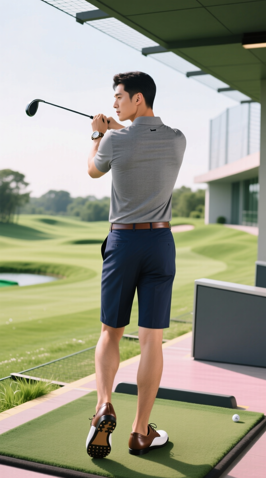 A Man In A Modern Golf Outfit With A Heather Gray Polo And Navy Chino Shorts Swinging A Club At A Driving Range.