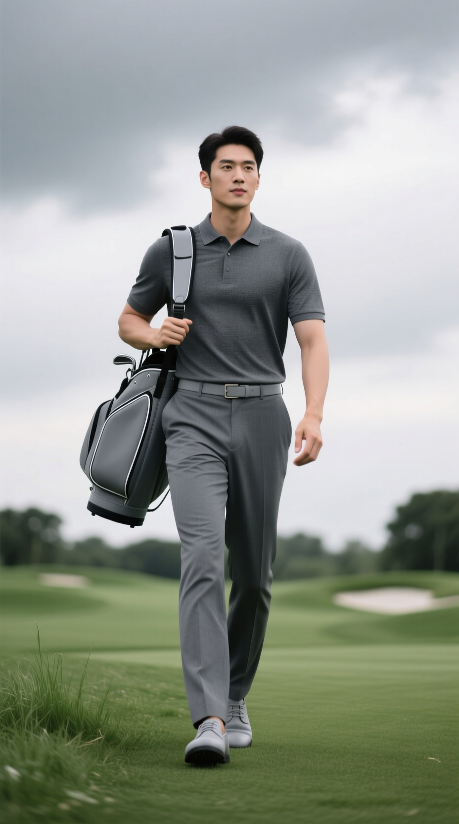 A Man In A Sleek, Monochromatic Grey Golf Outfit Confidently Strides Down A Lush Fairway Under A Dramatic, Overcast Sky.