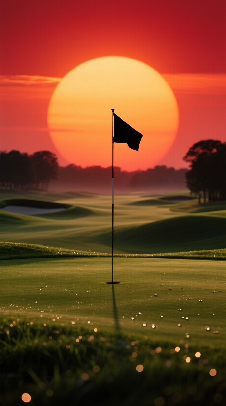 11 Golf Sunset Aesthetic Ideas For Breathtaking Photos A Massive Orange Setting Sun Touches The Horizon Behind A Silhouetted Golf Green And Flagstick, Shot With A Telephoto Lens.