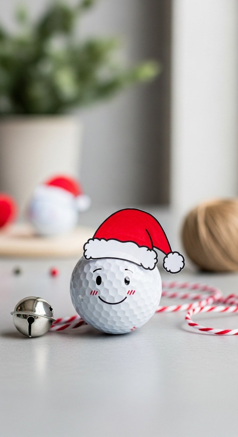 A Minimalist Diy Christmas Ornament Of A White Golf Ball With A Simple, Hand-Drawn Red Santa Hat On A Neutral Gray Surface.