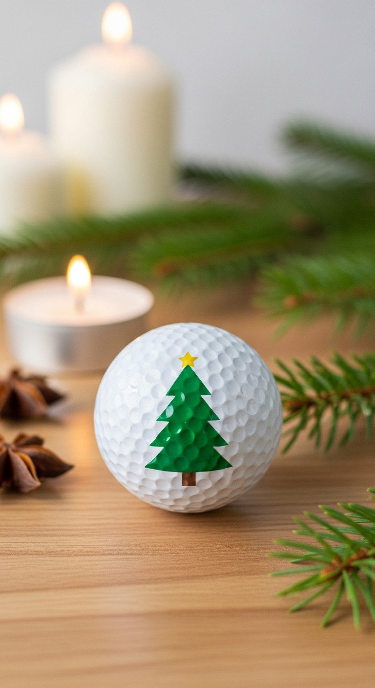 A Minimalist Diy Ornament Of A White Golf Ball With A Simple Green Christmas Tree And Yellow Star On A Light Wood Surface.