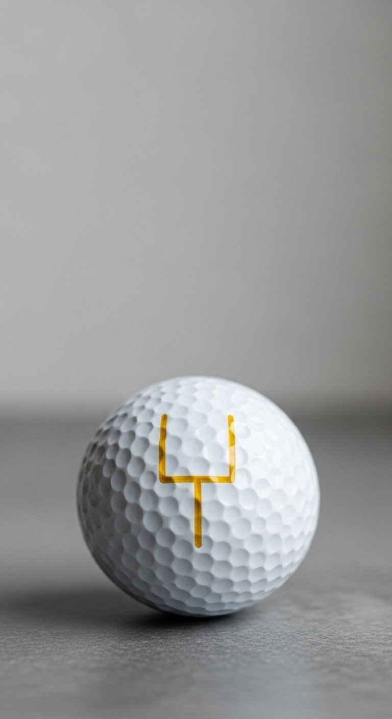 A Minimalist Design On A White Golf Ball Showing A Football Goal Post Drawn In Elegant, Shimmering Golden-Yellow Ink.