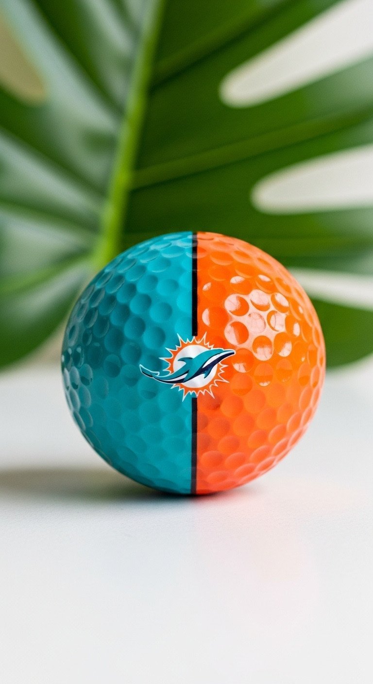 A Modern, Color-Blocked Golf Ball Painted Half Vibrant Aqua And Half Bright Orange, Inspired By Miami Dolphins Colors.