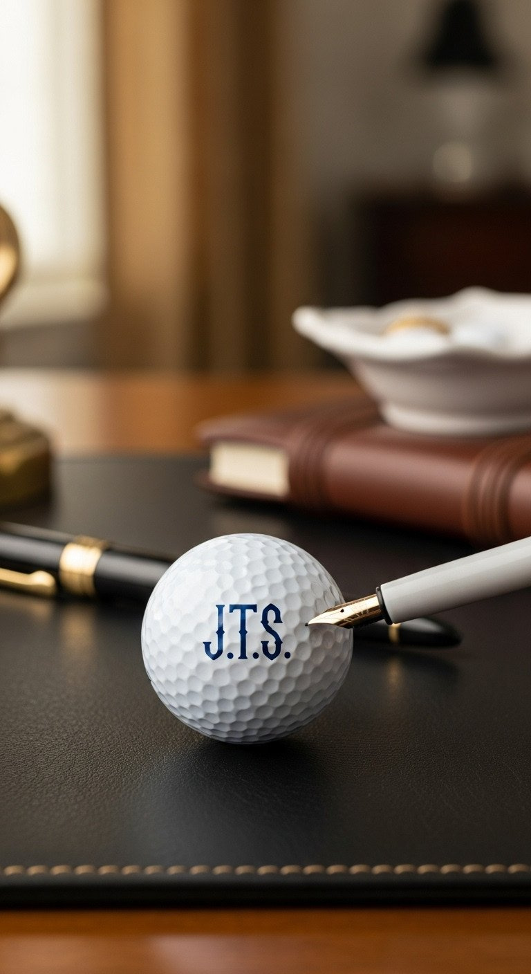 A Personalized Golf Ball With A Hand-Drawn 'J.t.s.' Monogram In Dark Blue Sharpie, Displayed On A Dark Leather Surface.
