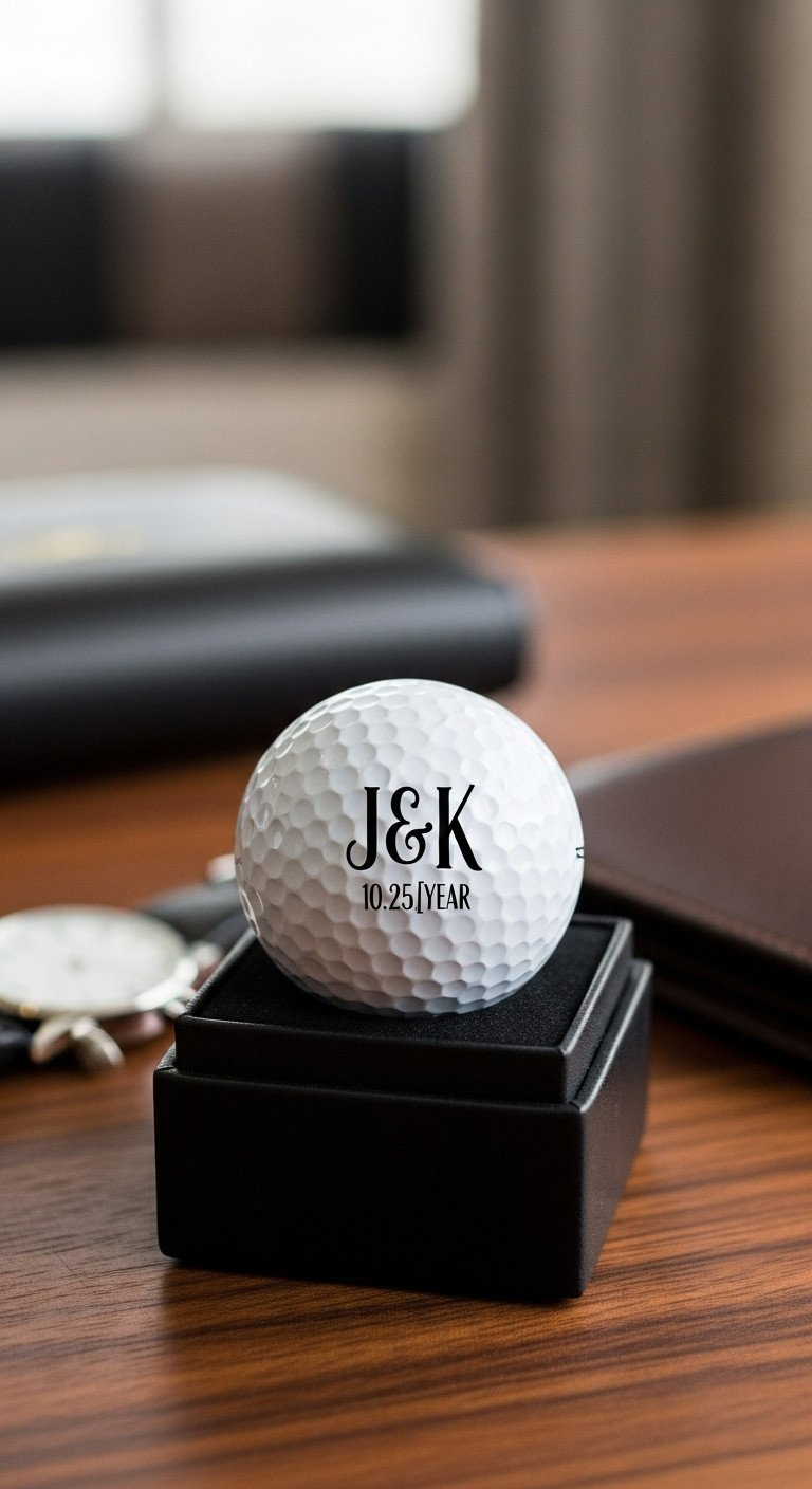 A Personalized White Golf Ball With An Elegant 'J&Amp;K' Monogram Sits In A Leather Gift Box On A Dark Walnut Surface.