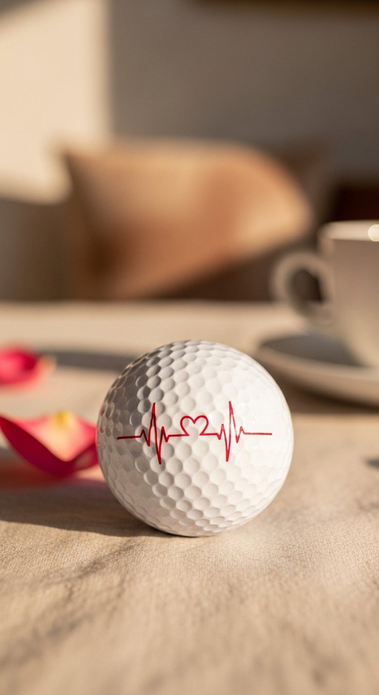A Romantic Diy Golf Ball Design With A Red Heartbeat Ekg Line And A Small Heart, Shown On A Cream Linen Cloth.