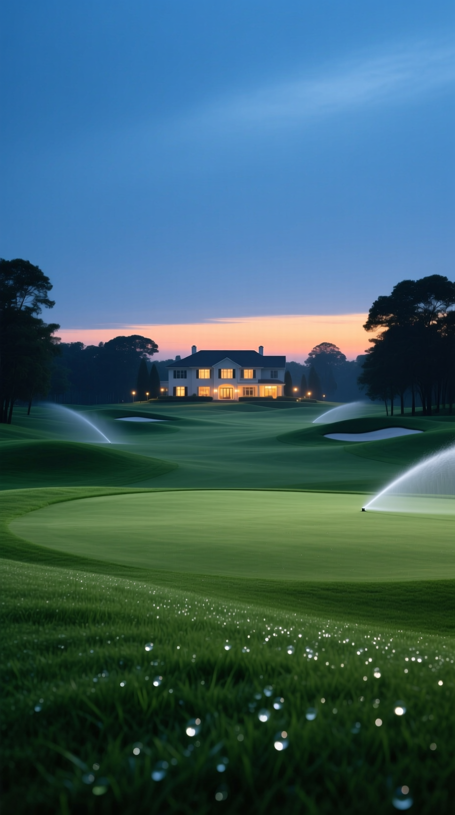 11 Golf Sunset Aesthetic Ideas For Breathtaking Photos A Serene Golf Course Fairway Bathed In Cool Blue Hour Light, With The Last Orange Glow Of Sunset On The Distant Horizon.