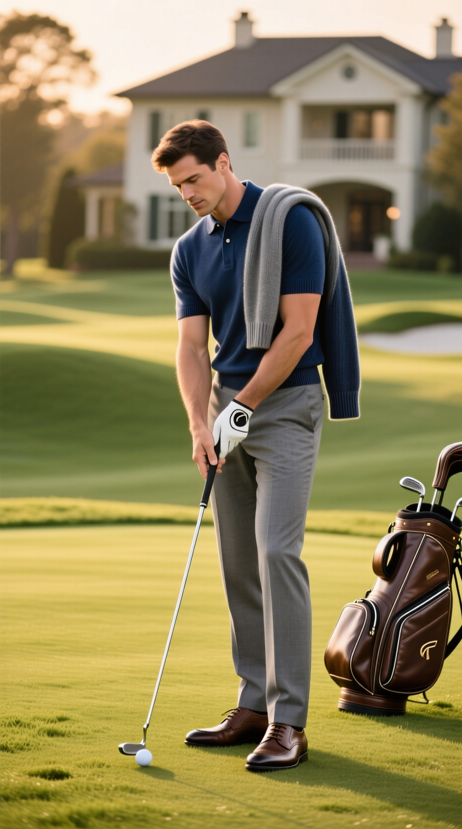 A Sophisticated Golfer In A Merino Polo And Tailored Trousers Studies A Putt On A Pristine Green At Golden Hour.