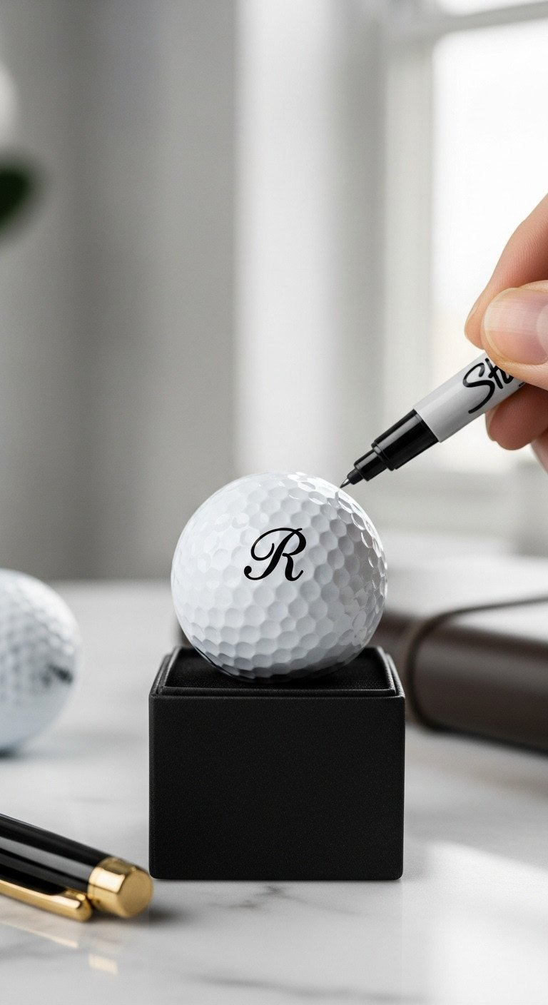 13 Cool Sharpie Golf Ball Designs With Step By Step Tips A Sophisticated White Golf Ball With A Custom Monogram Initial 'R' In Black Script Font Resting On A Clean Marble Surface.