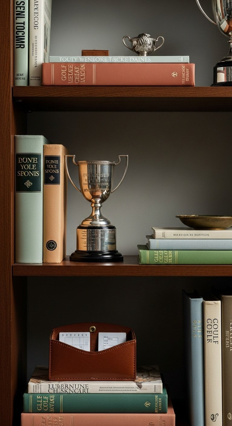 A Styled Bookshelf With Vintage Hardcover Golf Books, A Small Silver Trophy, And A Leather Scorecard Holder.