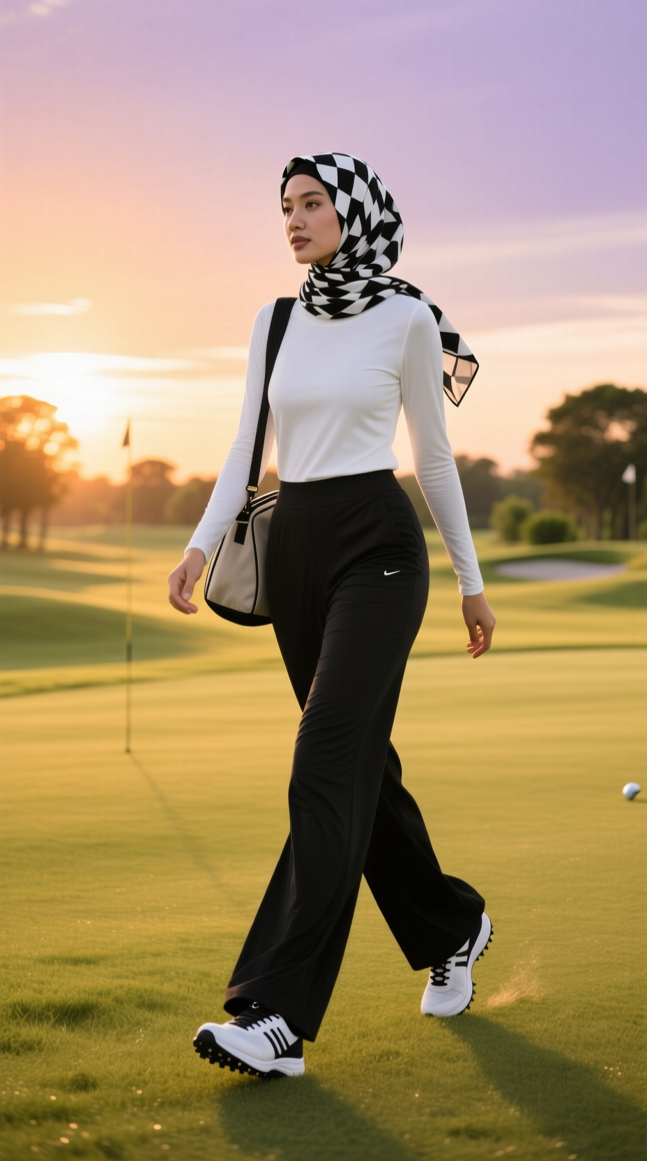 A Stylish Hijabi Golfer Walks The Fairway At Sunset Wearing Flowy Black Wide-Leg Pants And A White Mock-Neck Top.