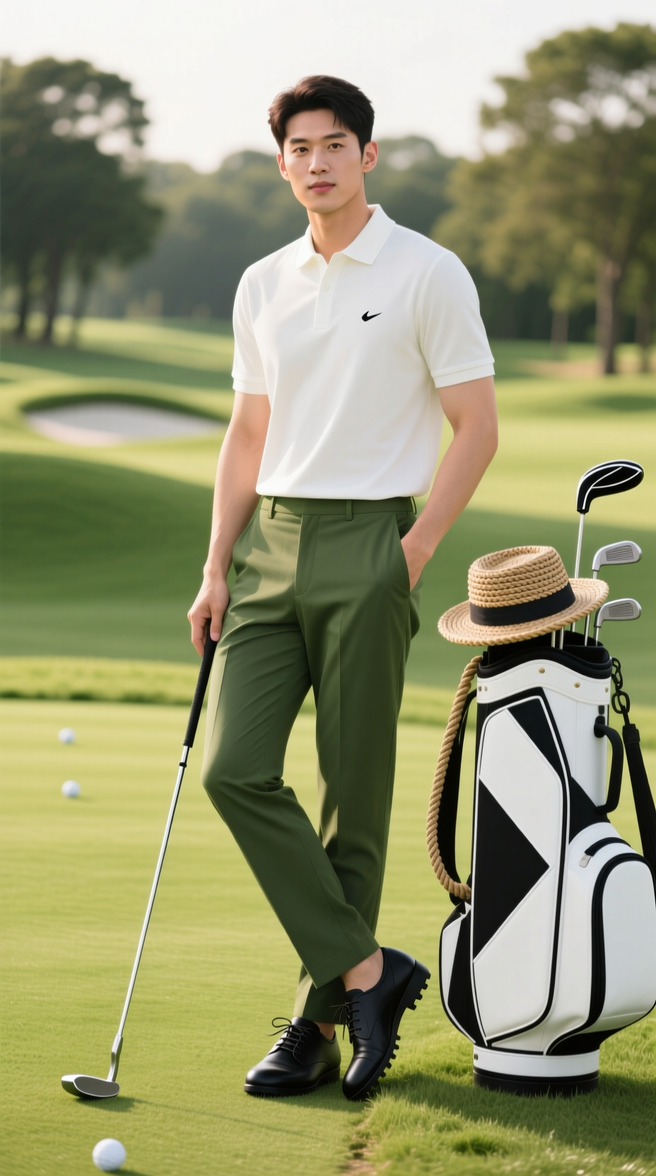 A Stylish Male Golfer In An Olive Green Streetwear Outfit Leans Casually On His Putter On A Modern Golf Course Green.