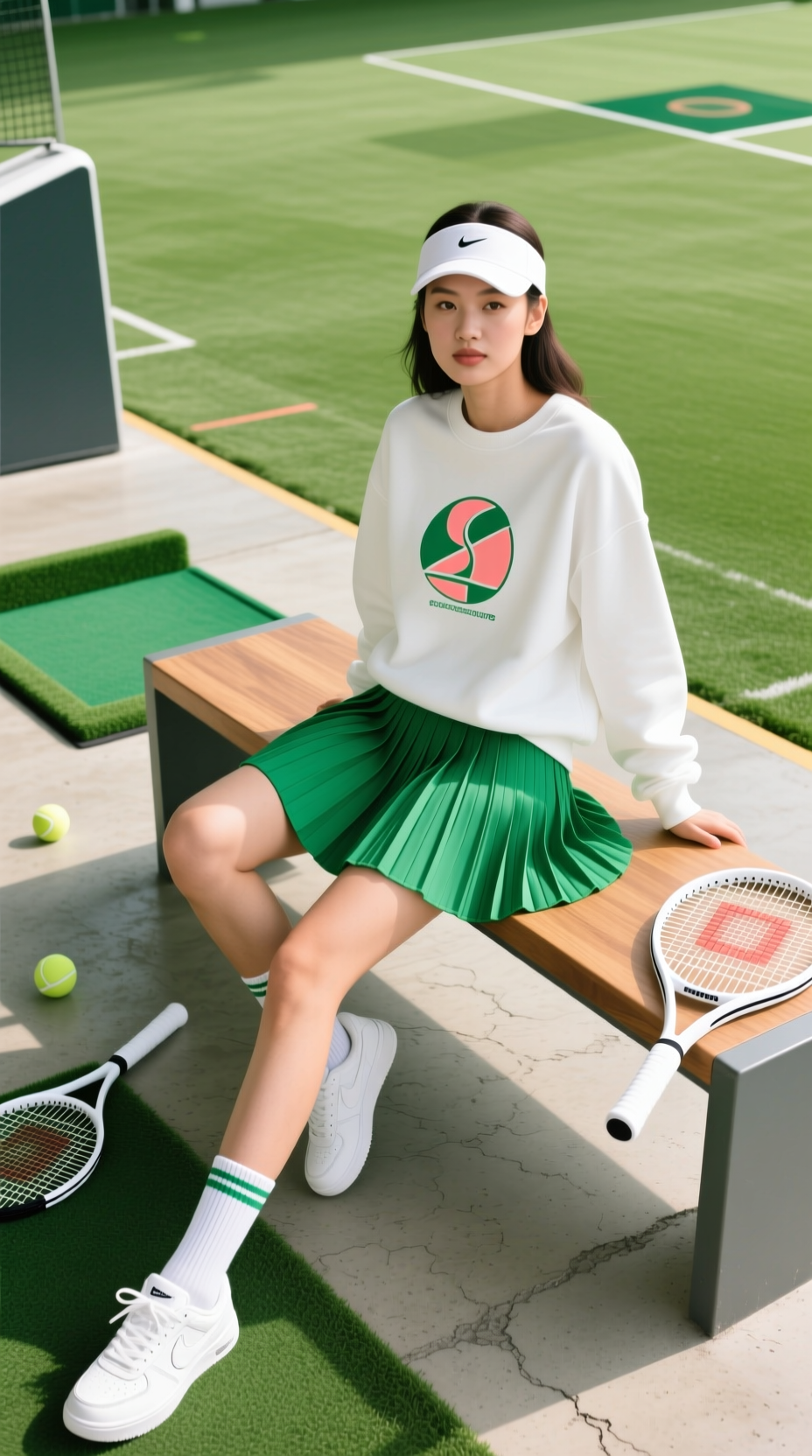 A Trendy Tenniscore-Inspired Outfit With A Green Pleated Skirt, White Graphic Sweatshirt, And Sneakers At A Driving Range.