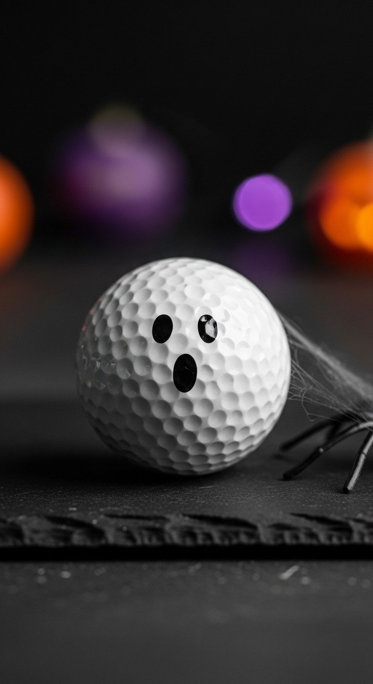 Stunning Fall Golf Ball Designs To Make With A Sharpie A White Golf Ball Decorated Like A Cute Ghost With A Simple Black Sharpie Face Sits On A Dark Slate Surface.