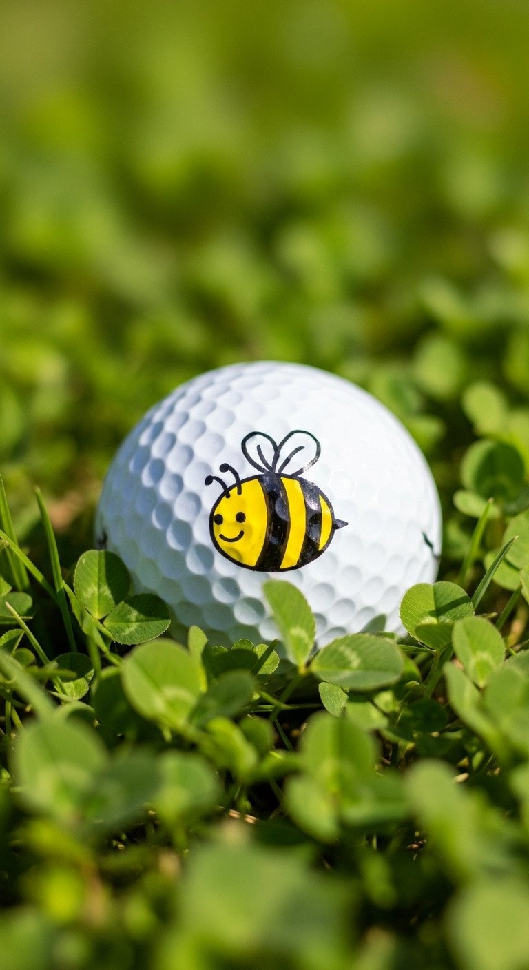A White Golf Ball Decorated With A Cute Hand-Drawn Bee In Yellow And Black Sharpie, Sitting In A Patch Of Green Clover.