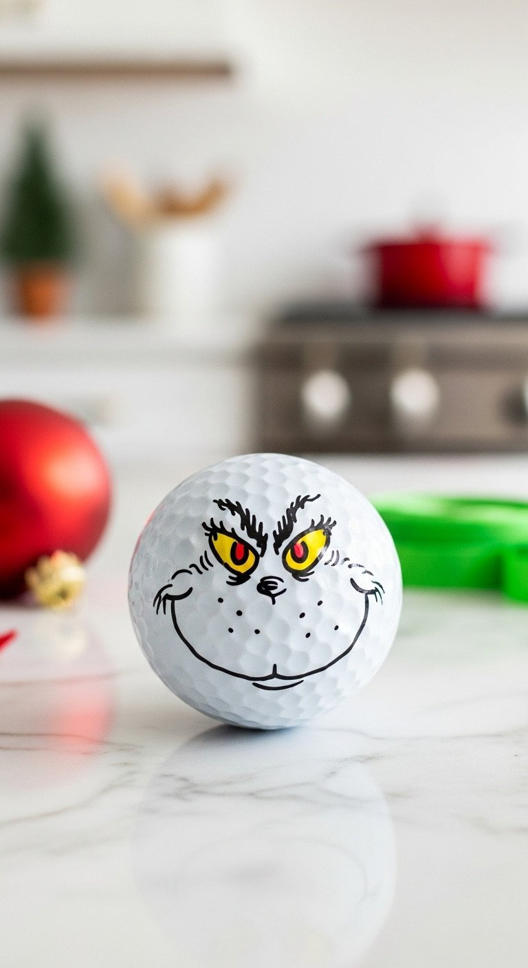 A White Golf Ball Decorated With The Grinch'S Iconic Yellow Eyes And Smile, A Fun Diy Christmas Craft On A Marble Countertop.