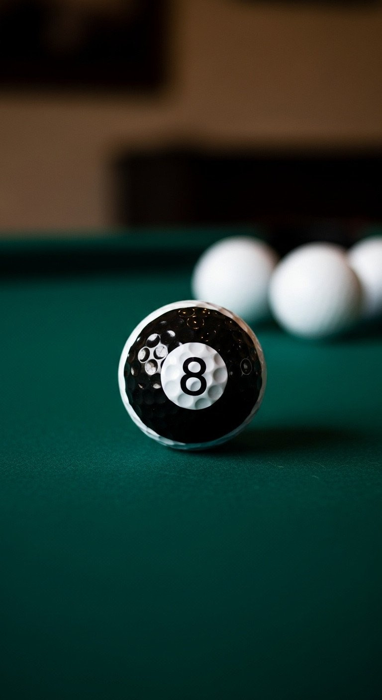 A White Golf Ball Hand-Drawn To Look Like A Magic 8-Ball With The Number 8, Sitting On A Dark Green Felt Surface.